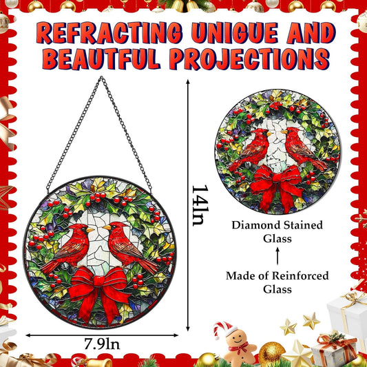 Pinkunn 7.9" Cardinal Stained Glass Window Hanging, Red Bird Sun Catcher Stained Glass Panel with Chain and Hook Cardinal Gifts for Women Christmas Winter Window Decoratios Mother's Day