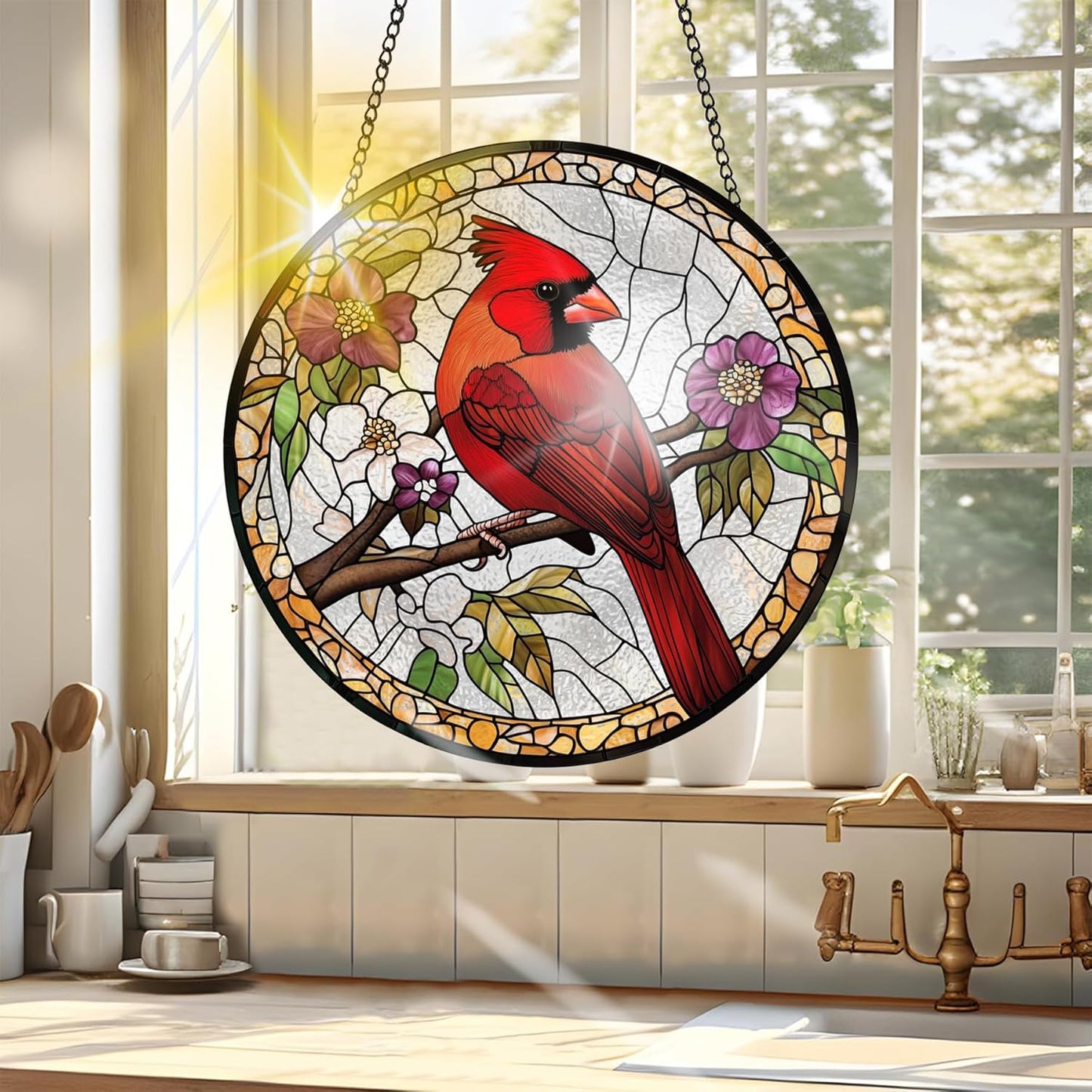 VAIIEYO Cardinal Bird Sun Catcher Stained Glass Window Hanging Ornament, Handmade Sun Catcher Animal Bird Decoration with Hooks for Window Garden Home,Christmas & Birthday Housewarming Gift (7.8 inch)