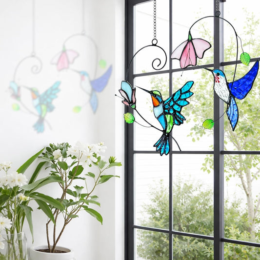 2 Packs Hummingbird Stained Glass Window,Stained Glass Window Hanging,Hummingbird Ornament,Handmade Real Suncatchers Decor for Women Mom Grandma Bird Lovers