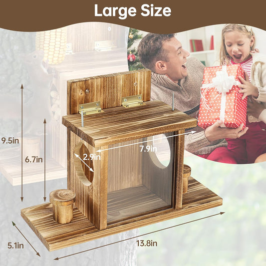 Carbonized Squirrel Feeders for Outside, Funny Chipmunk Feeder, Easy Filling & Cleaning with Removable Front Panel, Durable Outdoor House Box, Attracts Squirrel & Chipmunk