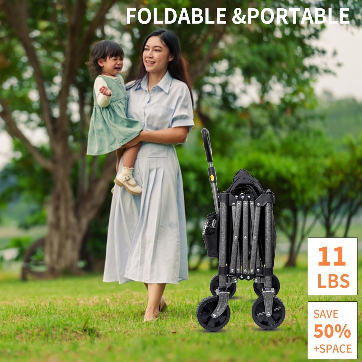 Collapsible Wagon Cart with Wheels Foldable,220lbs Weight Capacity,100L Shopping Cart for Groceries Folding Utility Wagon for Beach, Garden, Camping, Sport, Black