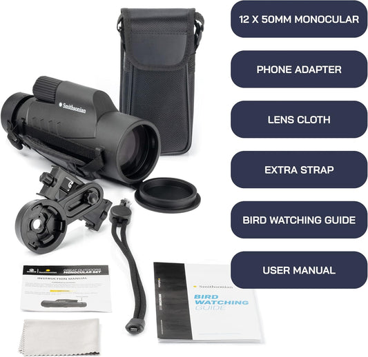 Omano Smithsonian 12x50 Monocular Telescope with Smartphone Adaptor – Monoculars for Adults - High Powered Telescope – Ideal Monocular for Bird Watching and Nature Enthusiasts – HD monocular telescope