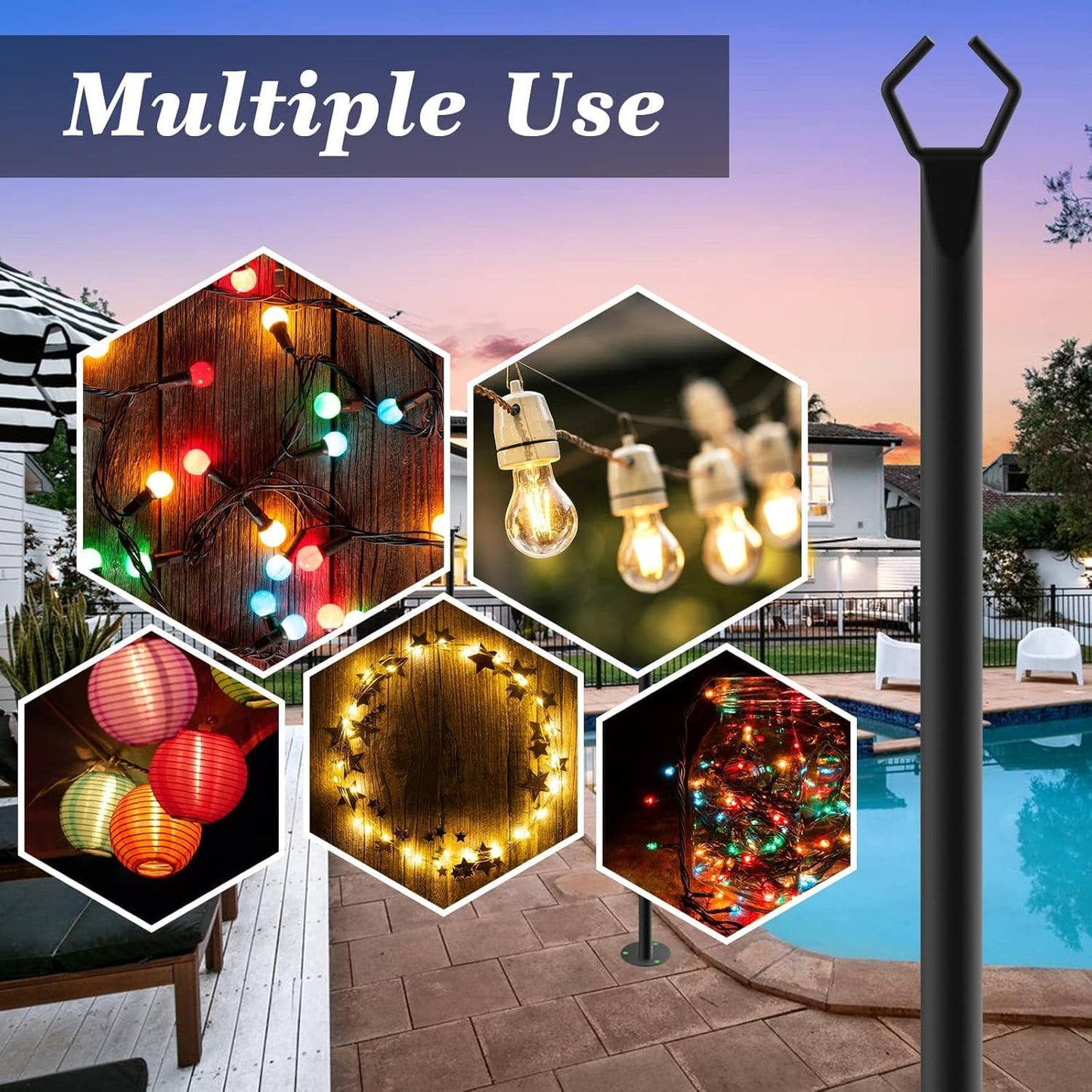 10 Pack 10Ft String Poles, Poles for Outside String Lights,Outdoor with Fork,Metal Poles Stand for Patio,Backyard,Deck