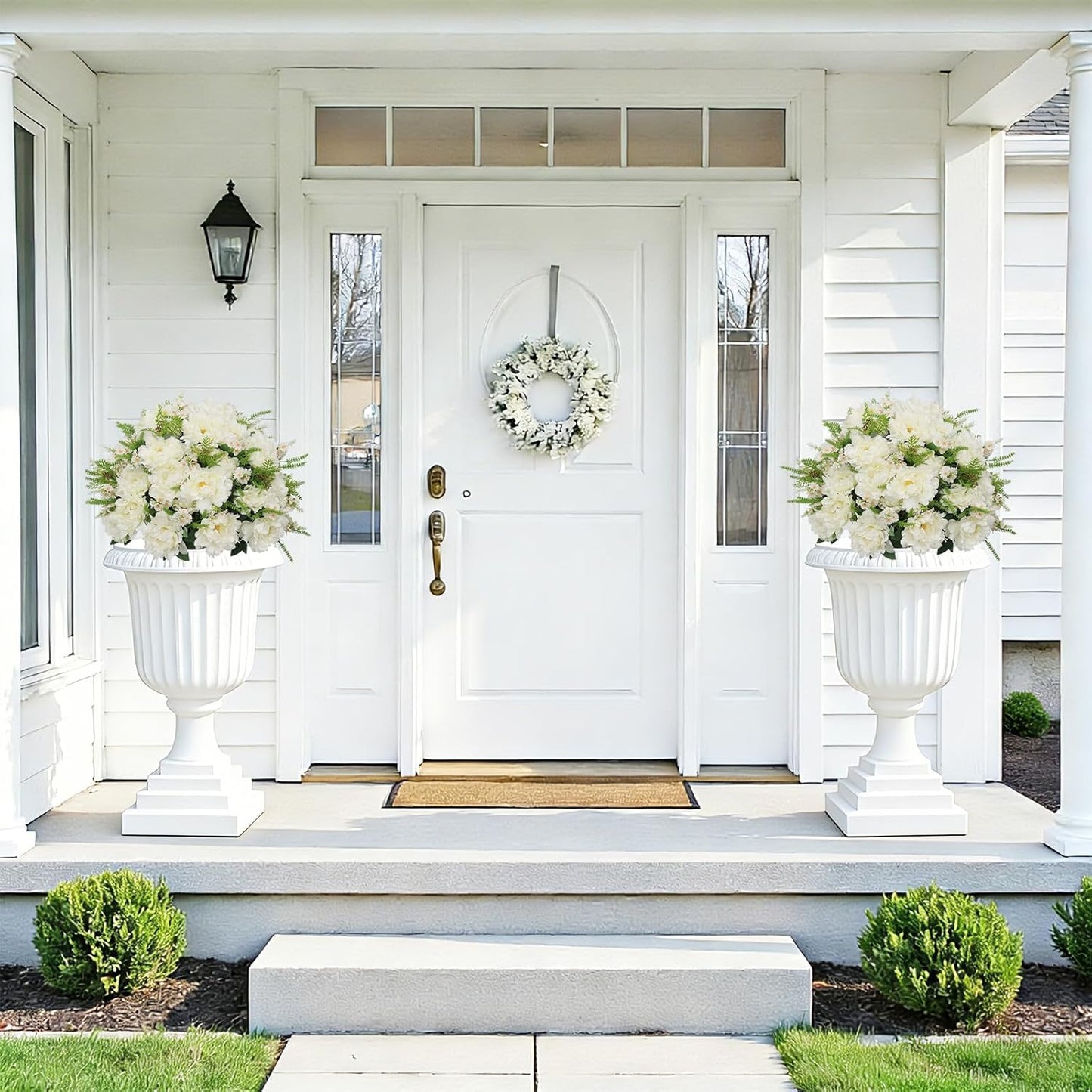 24” Artificial Flowers for Outdoors, Set of 2 Realistic Faux White Peonies in Cement Pots, UV Resistant Fake Plants Look Real for Front Porch, Entryway & Indoor Spring Decor
