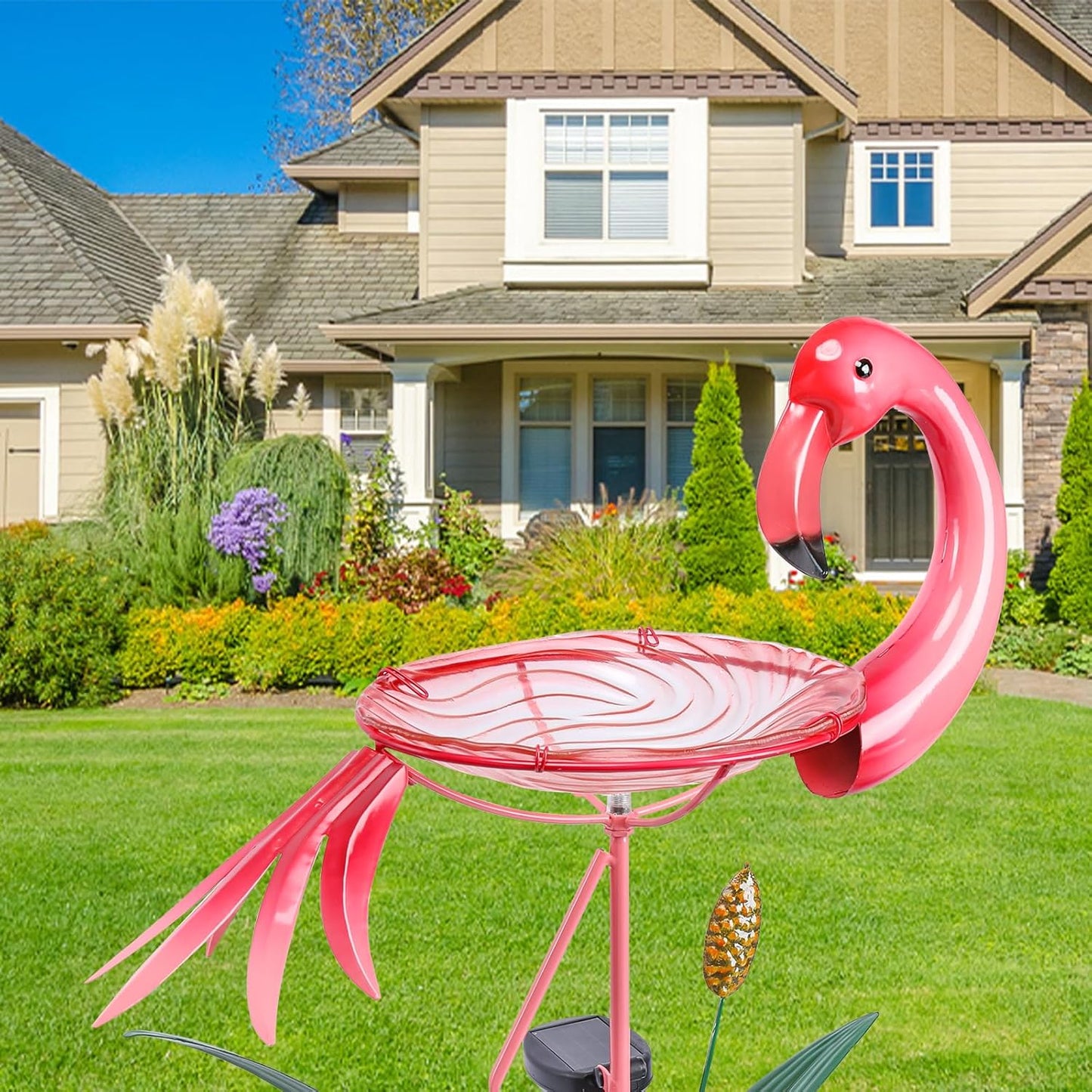 MUMTOP Flamingo Bird Bath with Solar Lights, Glass Birdbaths Birdfeeder Bowl with Metal Stake and Flamingo Decorations for Outside Garden Yard Lawn Outdoor
