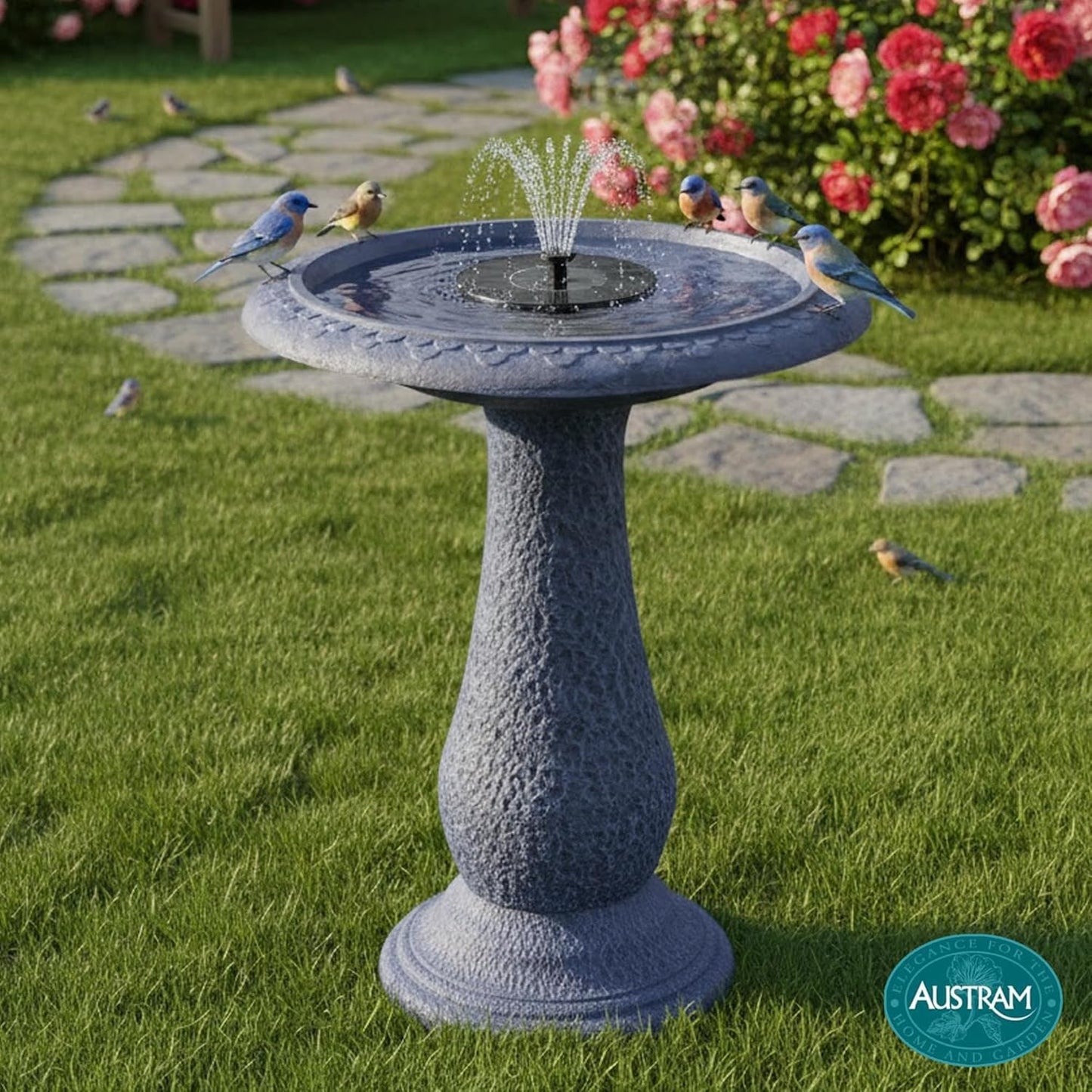 Pedestal Birdbath with Solar Fountain, Resin Stone Composite Outdoor G