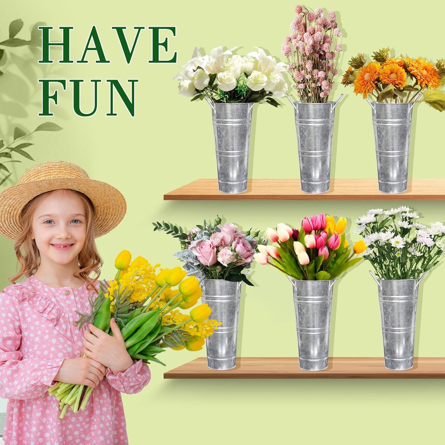 Galvanized Metal Bucket Vases Set of 8, 9 Inch Farmhouse French Flower Buckets Pots with Handles, Rustic Decorative Metal Holder Flower Vase for Home Wedding Table Centerpiece Decor (Silver)
