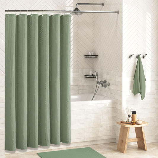 Dynamene Sage Green Shower Curtain - Waffle Textured Heavy Duty Thick Fabric Shower Curtains for Bathroom, 256GSM Luxury Weighted Polyester Cloth Bath Curtain Set with 12 Plastic Hooks,72Wx72H,Green