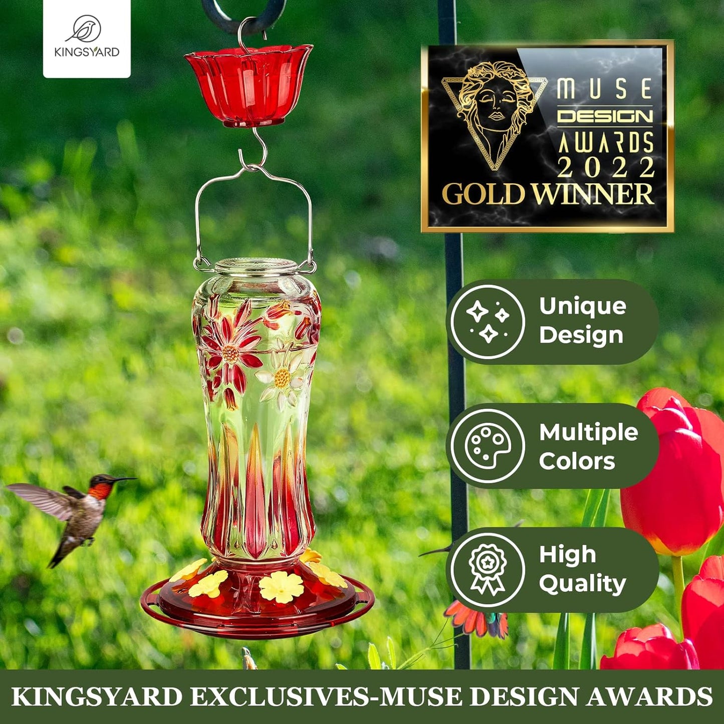 Kingsyard Glass Hummingbird Feeders for Outdoors Hanging, 25 oz Leak Proof Hummingbird Feeder with Ant Moat & 6 Bee Proof Feeding Ports, Red