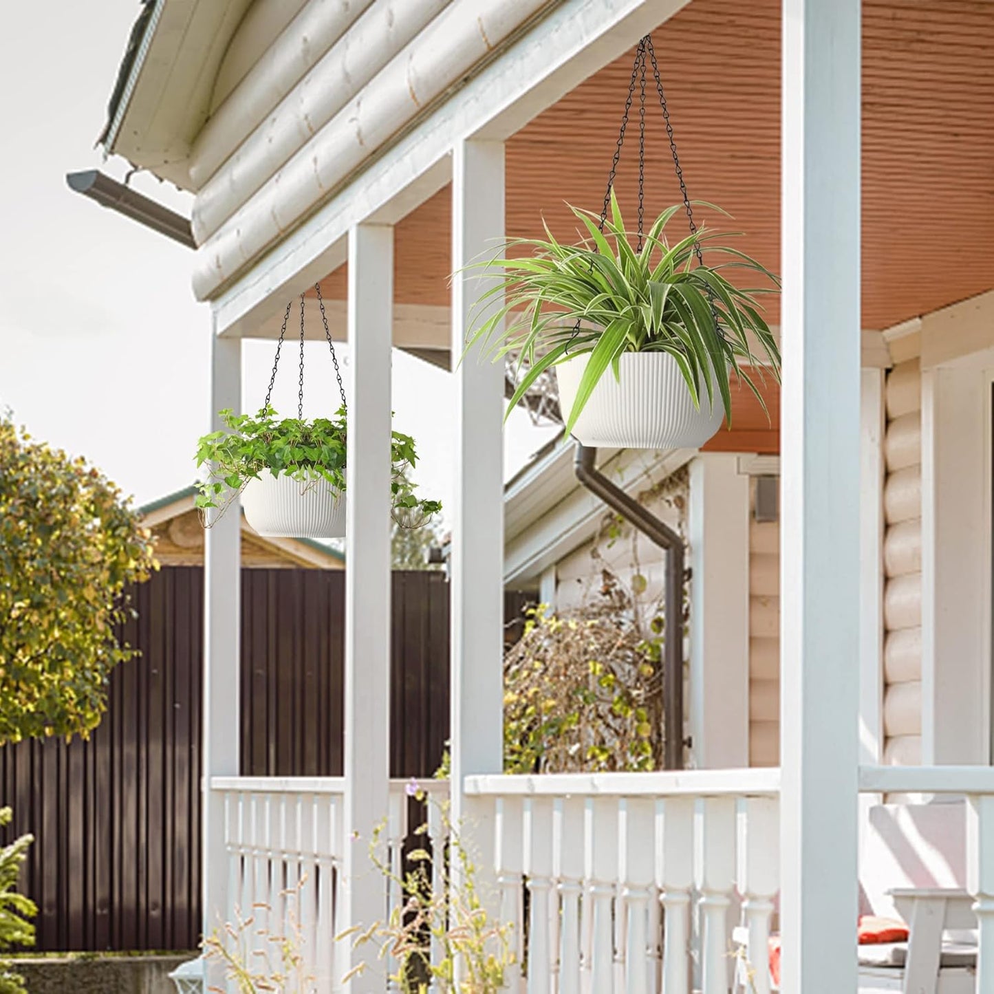 T4U 10 Inch Hanging Planters for Indoor Plants, 2 Pack White Self Wate