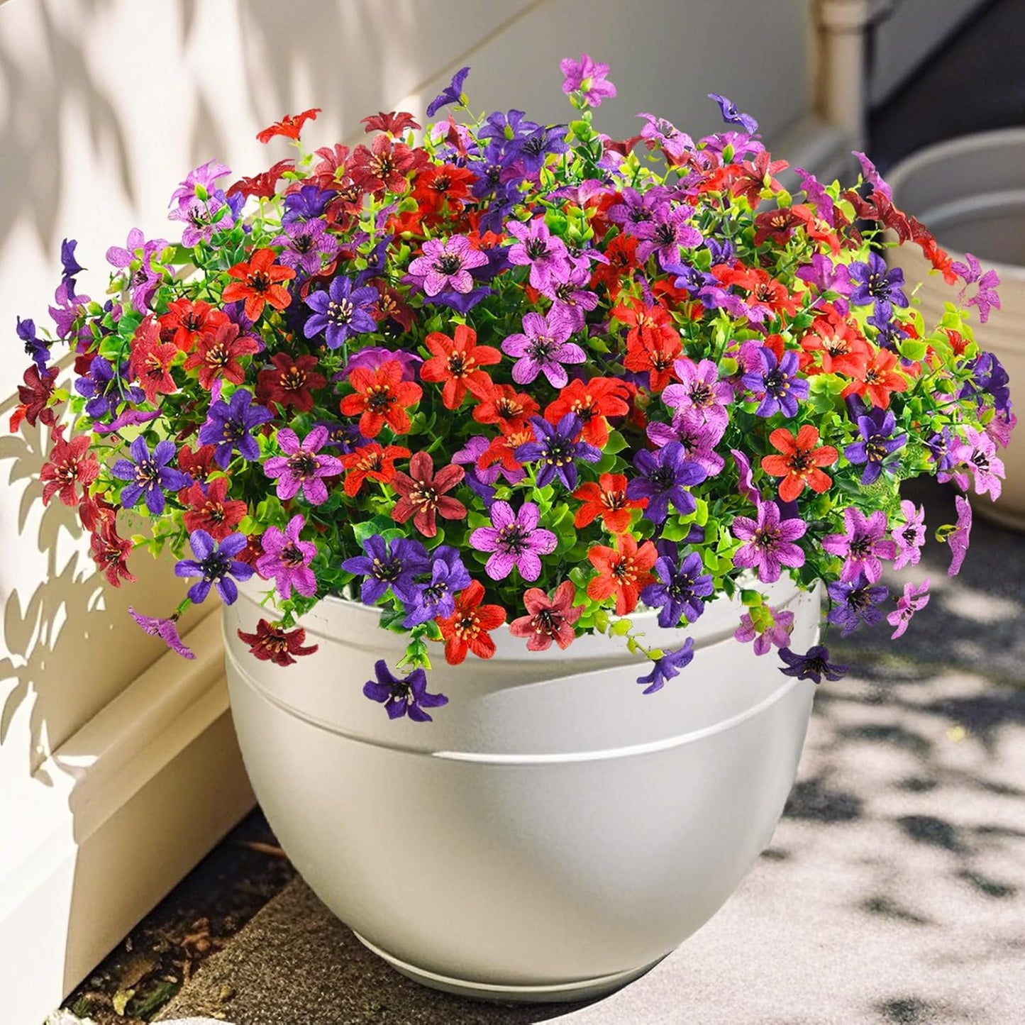 Homsunny Artificial Flowers for Outdoors 12 Bundles Fake Plants Spring Home Decoration, Realistic Faux Flower Silk Daisy with Eucalyptus Stem UV Resistant Patio Planter Porch Yard Window (4 Colors)