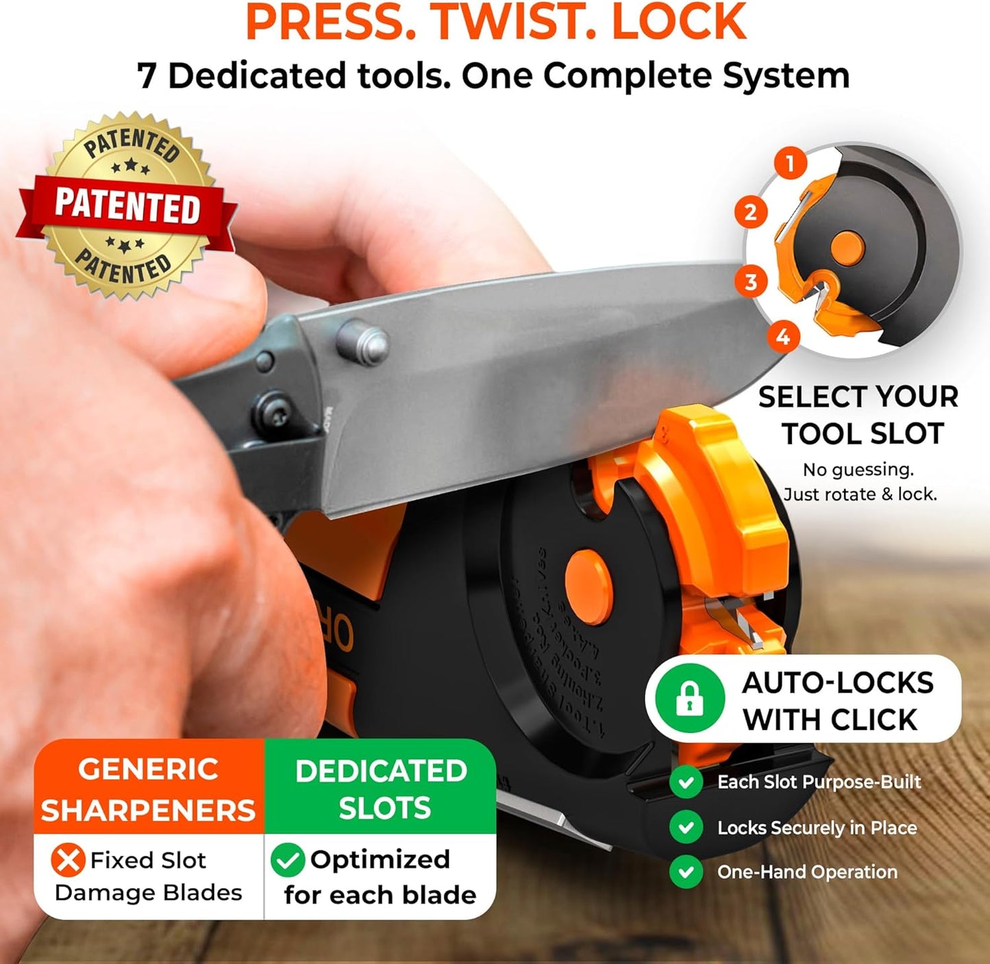 Orange Ninja 7-in-1 Garden Tool & Knife Sharpener – Sharpens Axe, Hatchet, Machete, Pruner & Shears – One Tool for All Your Outdoor Blades – Gift for Gardeners