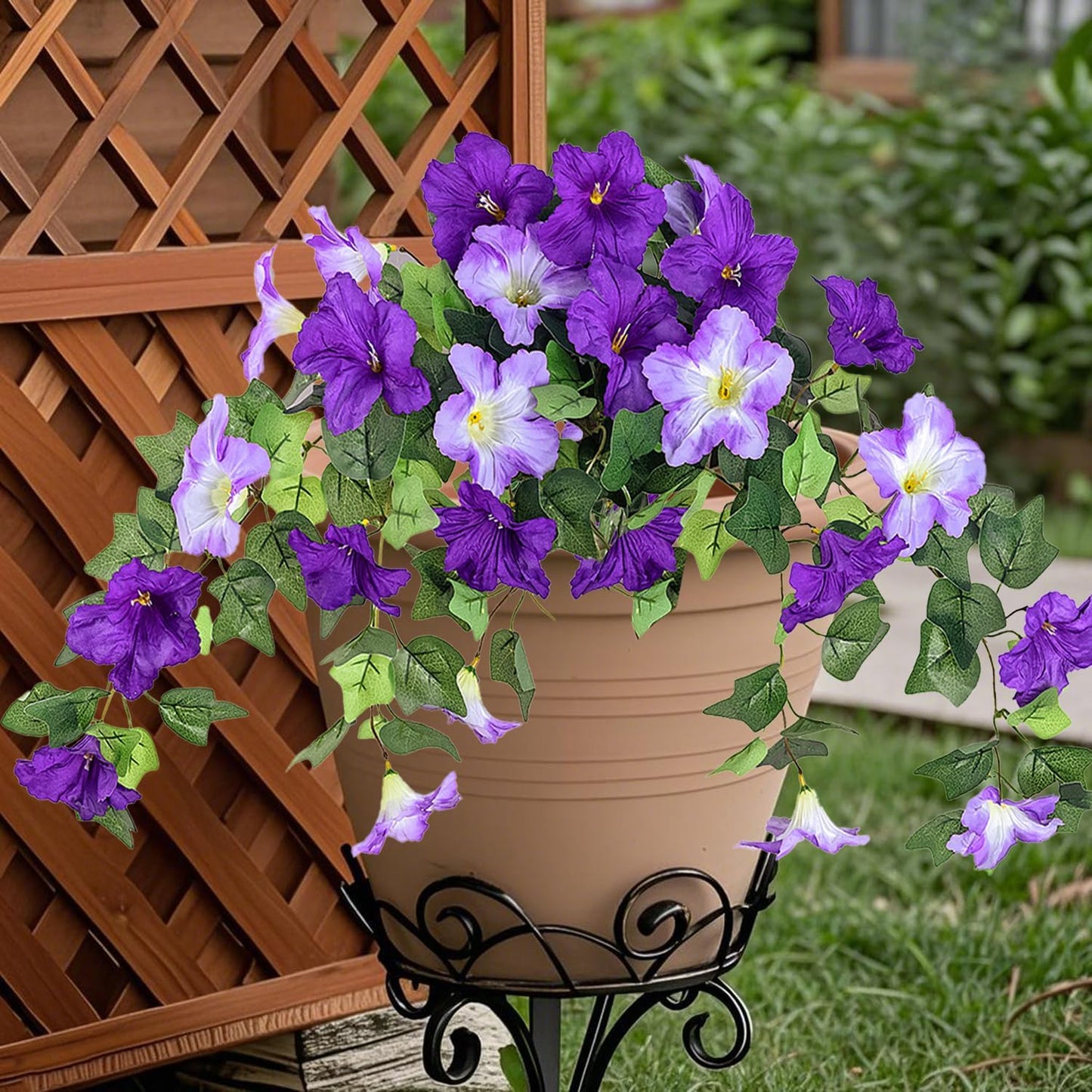 2Pcs Artificial Hanging Flowers for Outdoors, Fake Outdoor Flowers Faux Petunias Silk Flowers for Outdoor planters UV Resistant for Home Garden Balcony Yard Porch Patio Decor (Purple-White)