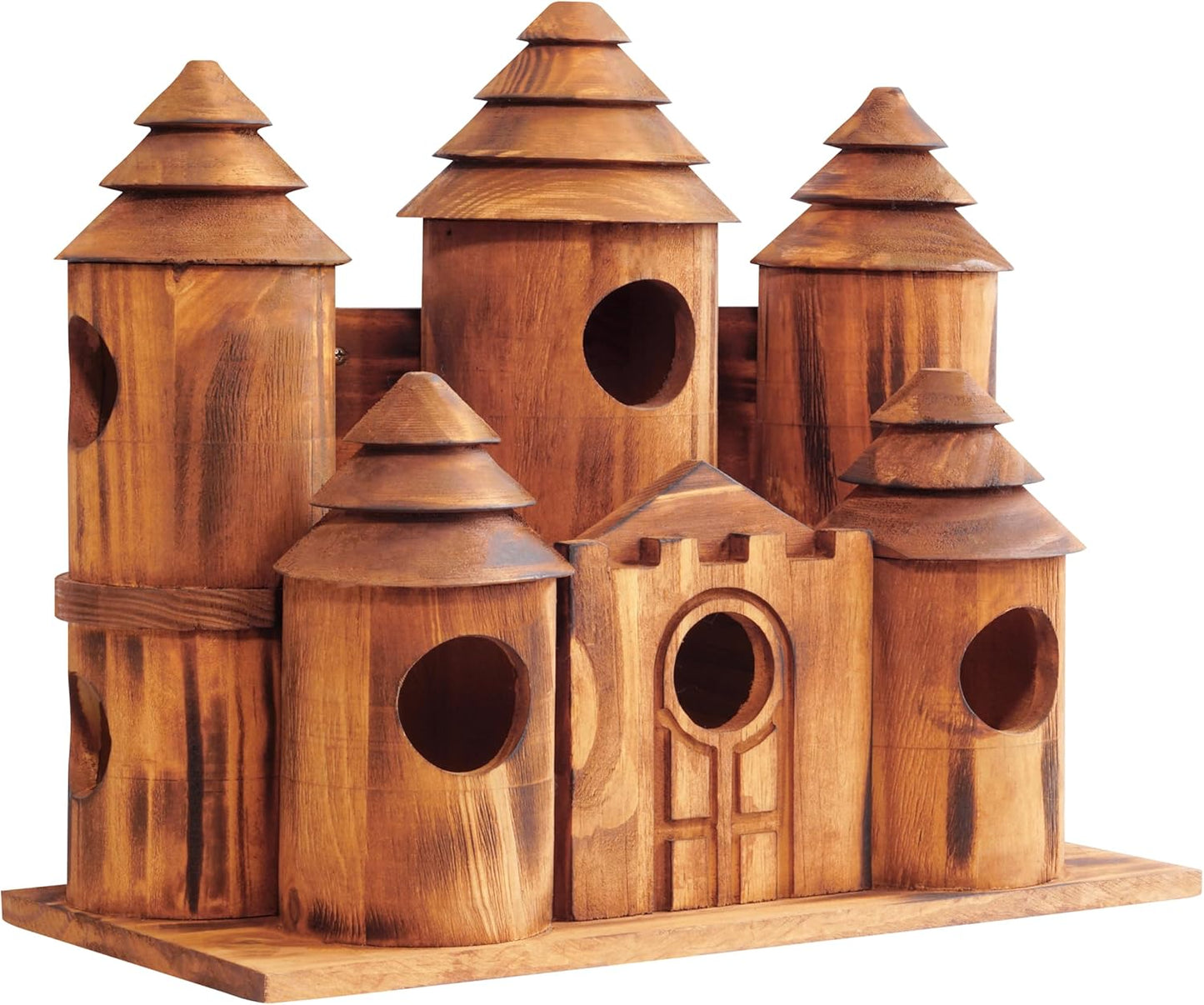 MIXUMON Wooden Bird Houses for Outside β 8 Rooms Castle-Style Bird House, Carbonized Pine Rustic Finish, 1.57" Entrance Holes, Decorative Outdoor Bird Nesting Box (Rustic, 8 Rooms)