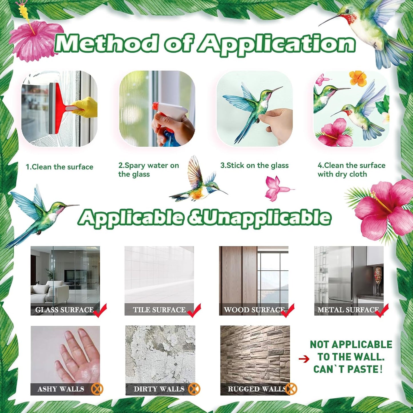 Hummingbird Flowers Window Clings - 5 Sheets Anti-Collision Window Stickers Bird Alert Collision Decals to Prevent Bird Strikes Non Adhesive Vinyl Stickers