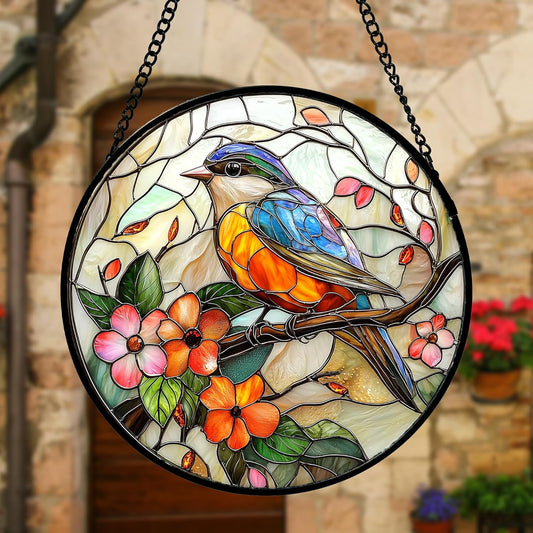 Stained Glass Window Hanging, Blue Bird Pink Flower Suncatcher Diamond Glass Panel Bird Sun Catchers Decor for Birthday for Women, Men, Wife, Aunt, and Mom 6.3 in