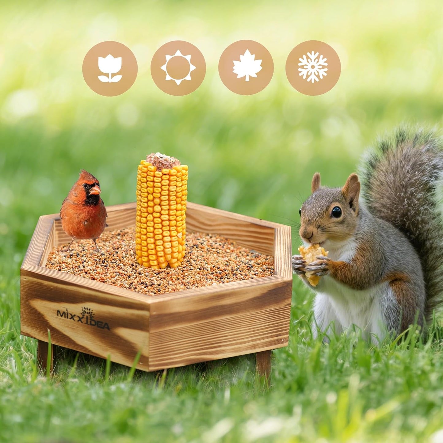 MIXXIDEA Ground Bird Feeder for Outdoors, Wooden Mesh Seed Tray for Bi