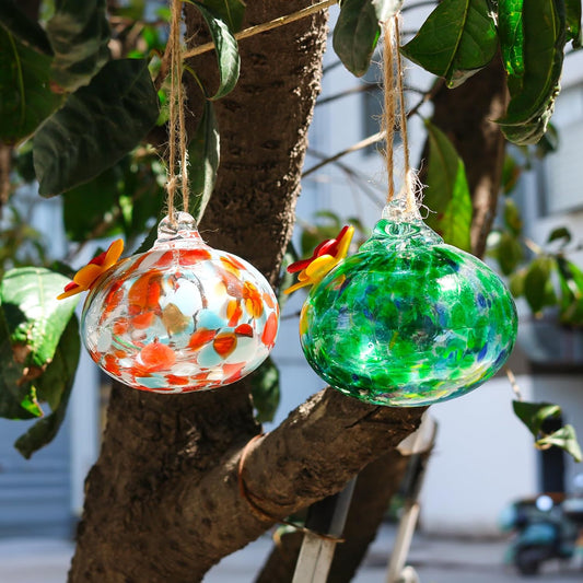 2 Pcs Blown Glass Hummingbird Feeder for Outdoors Hanging, Ant & Bee Resistant Window Bird FeederHandmade Garden Decor Gift for Women - Small Round Glass Feeders Bundle (Ellipse A2)