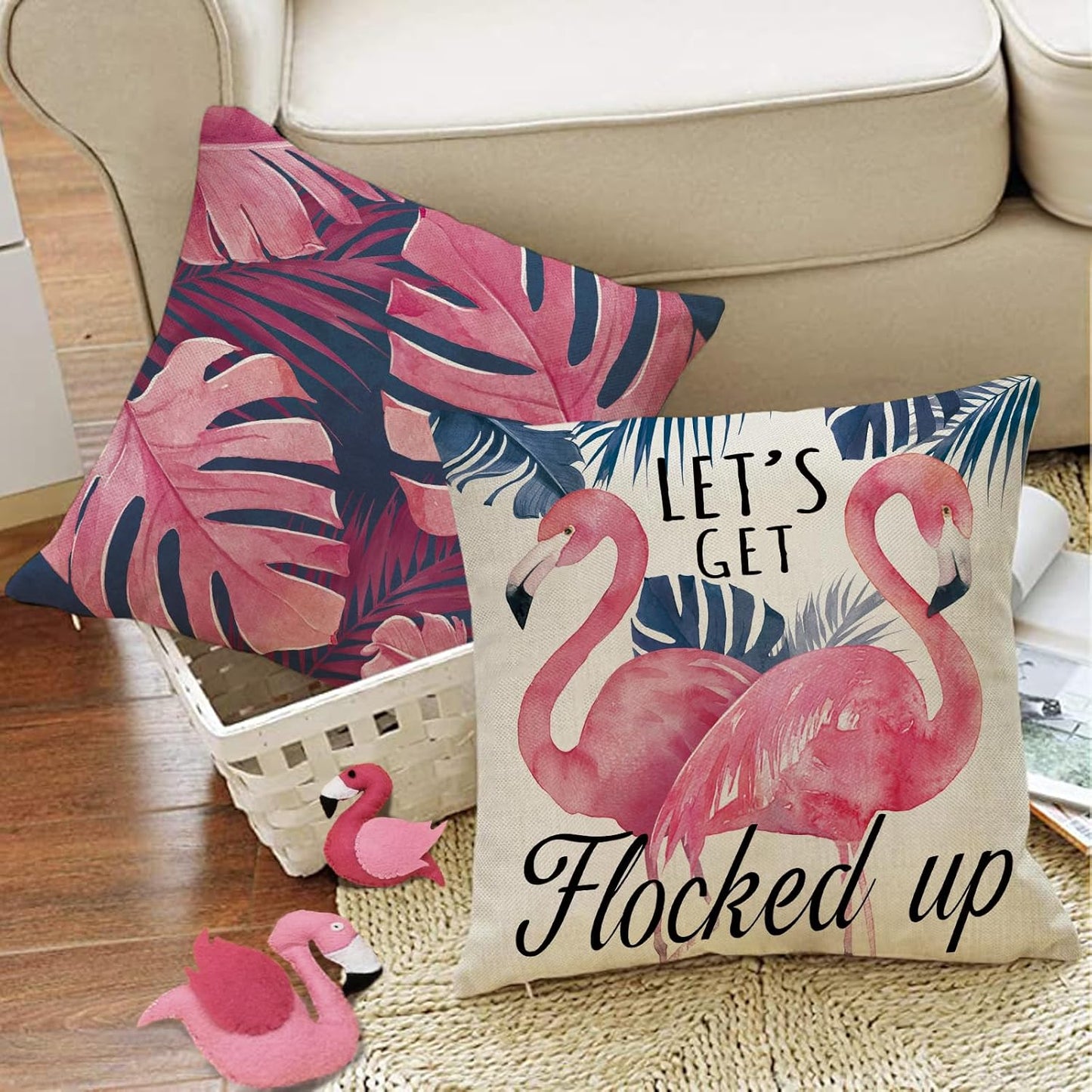 Flamingo Tropical Decorative Throw Pillow Covers 20 x 20 Set of 4, Hawaii Monstera Palm Leaves Stand Tall Porch Outdoor Home Decor, Let's Get Flocked Up Plant Couch Cushion Case