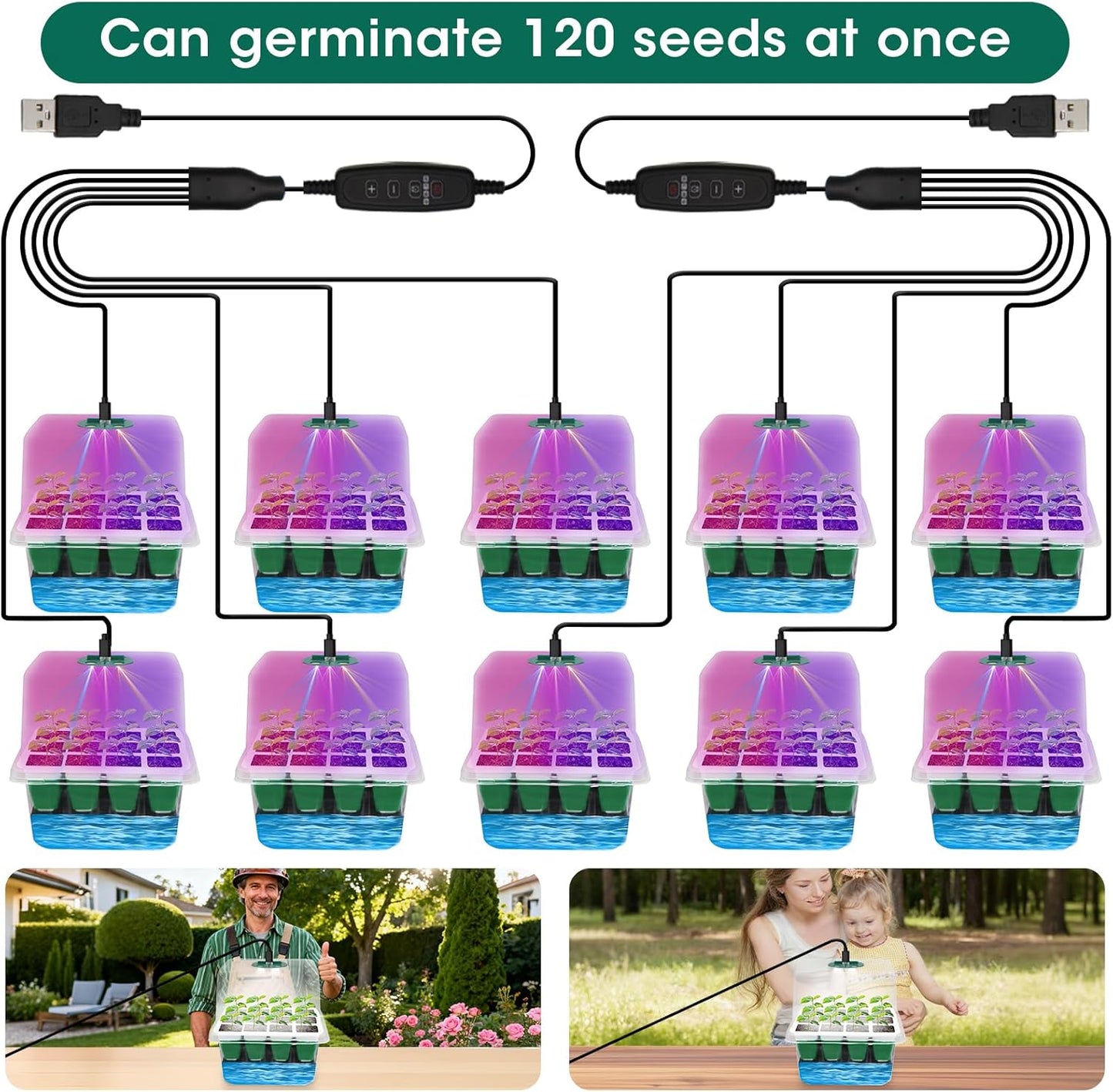 Self Watering Seed Starter Tray with Grow Light, 10-Pack 120-Cell Reus