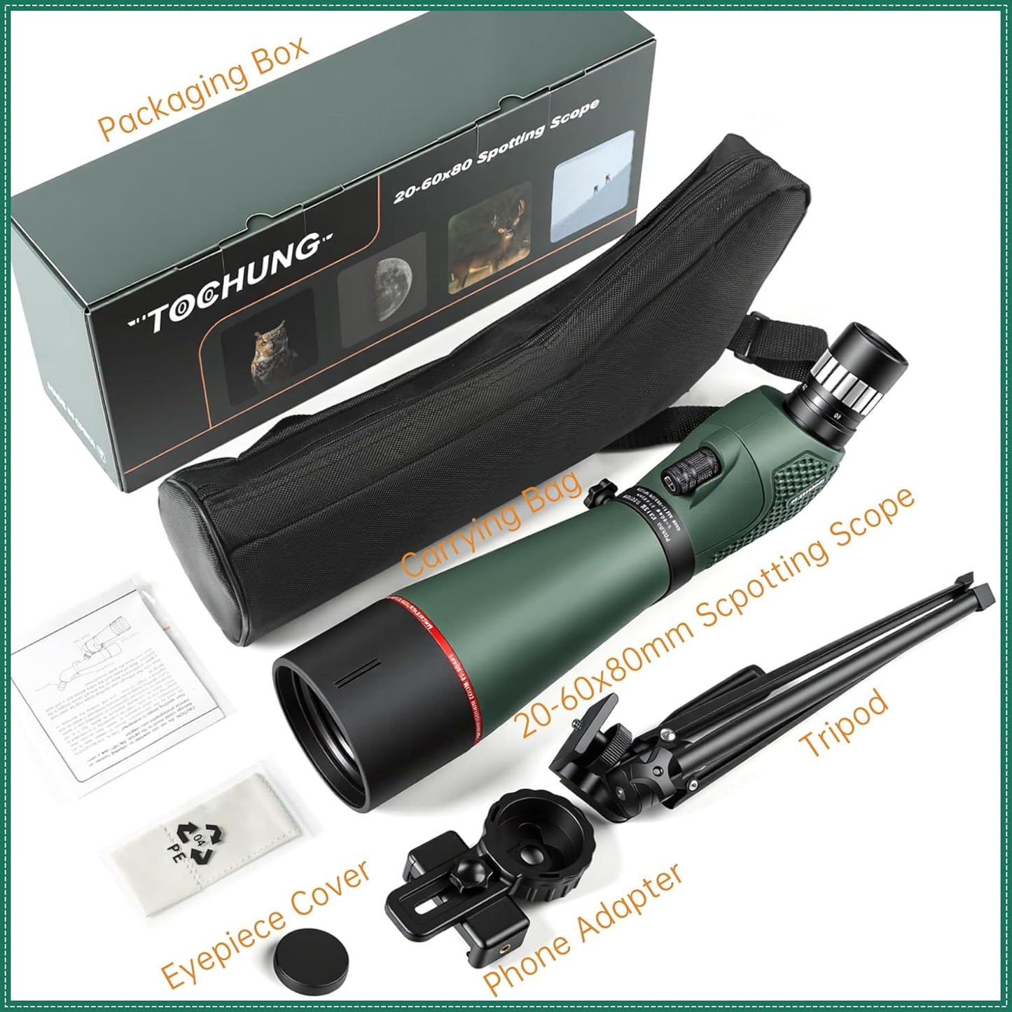 20-60x80 HD Spotting Scope | Waterproof & Fogproof High-Powered Telescope for Long-Distance Birdwatching, Target Shooting, Astronomy | Included Phone Adapter & Tripod & Carry Bag