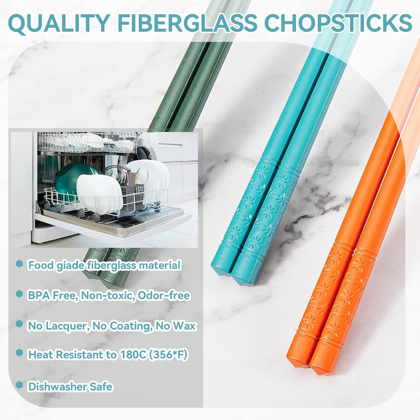 5 Pairs Dishwasher Safe Fiberglass Chopsticks Set,9.5 Inch Reusable Japanese Chinese Chopsticks , Non-Slip, Easy to Use (colorful ) (9.5 inch, colorful)