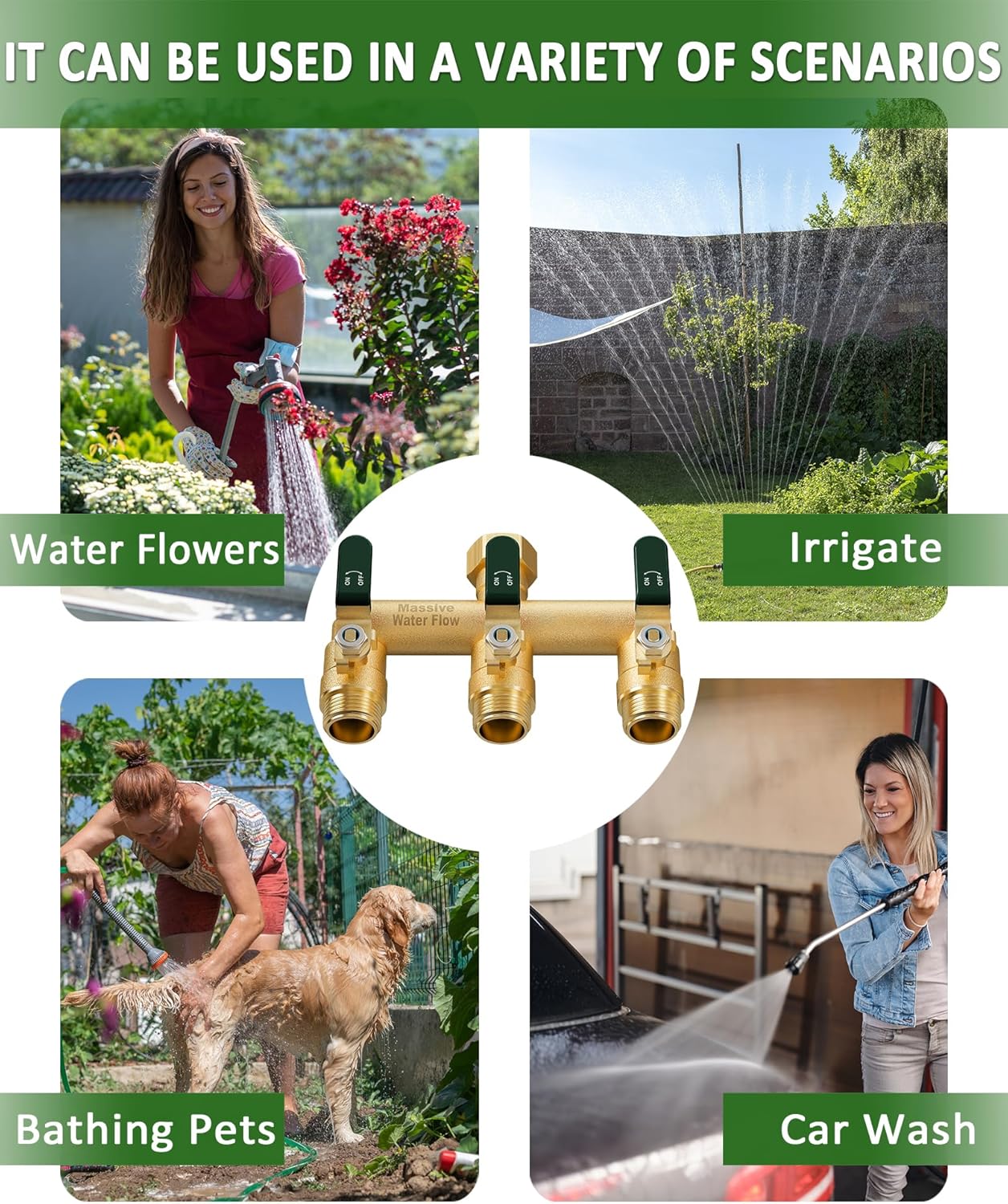 3 Way Hose Splitter, Heavy Duty Full Flow Garden Water Hose Bib Spigot