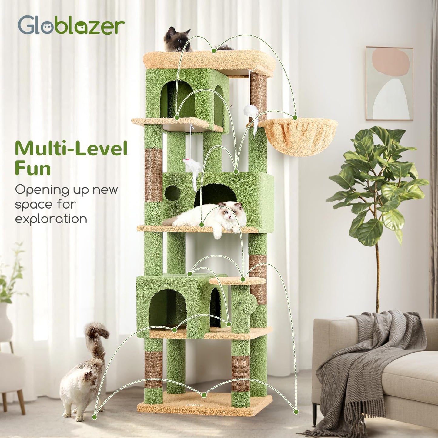 Globlazer Corner Cactus Cat Tree 66 inch Multi-Level Cactus Climbing T