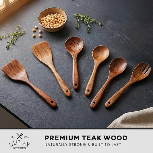 Zulay Kitchen 6 Piece Wooden Spoons for Cooking β Natural Teak Wooden
