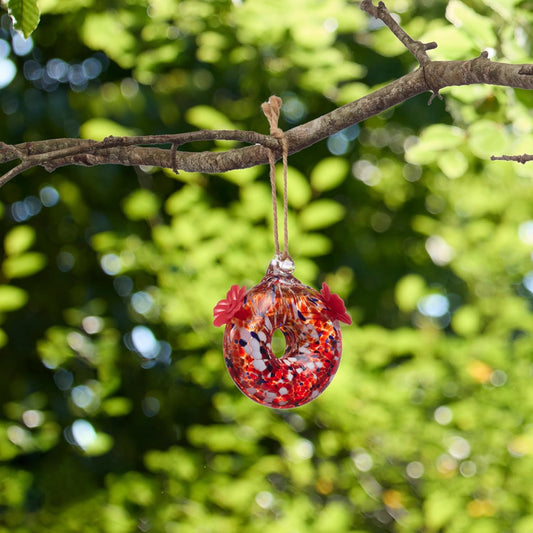 Red Carpet Studios Hummingbird Feeder Hand-Blown Art Glass, Hanging Bi