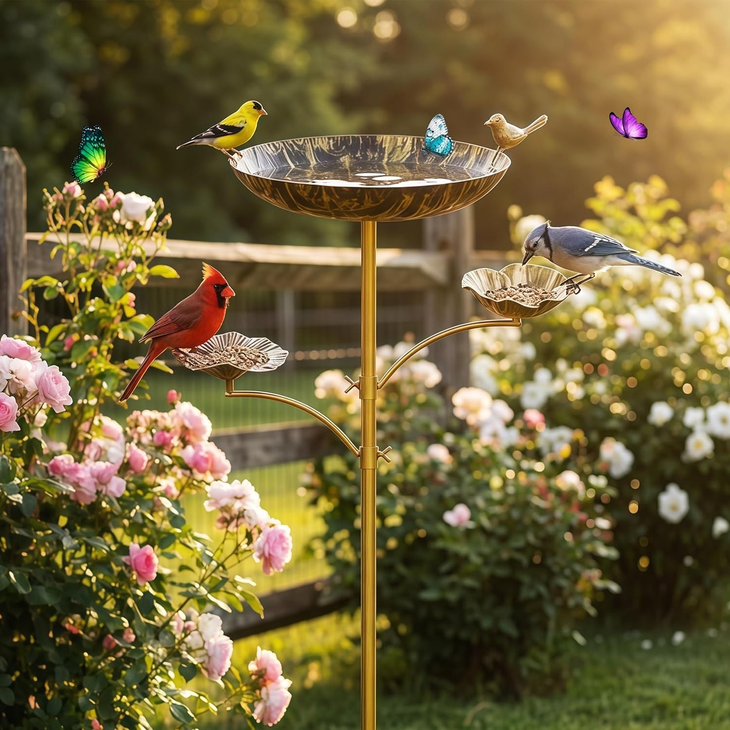 Triple Bowl Bird Bath for Outside, 3-in-1 Bird Bath & Feeder with 4-Claw Ground Stake, 51in Height, 11.8in Large Top Bowl, Outdoor Birdbath for Garden Patio Yard Decor, Antique Bronze