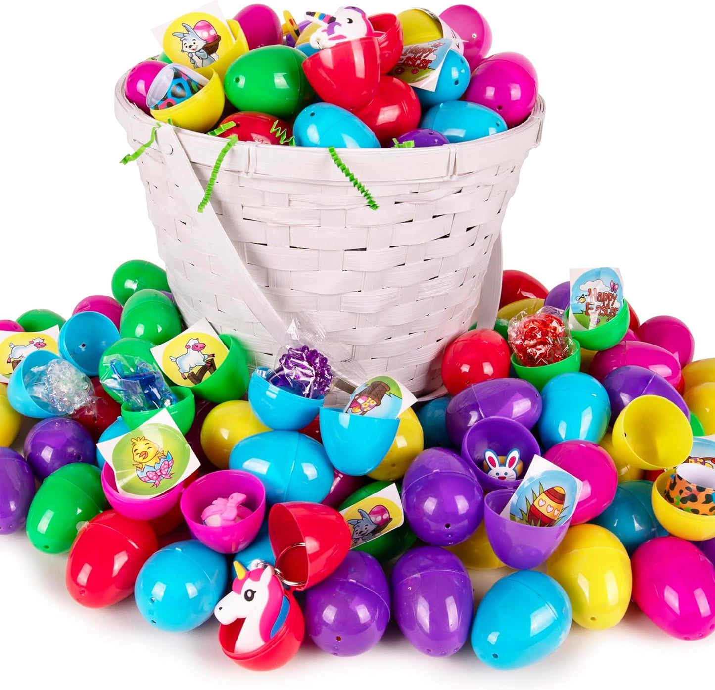 Giraffe 100 Pack Prefilled Easter Eggs Bulk - Multi Color Plastic Filled Easter Eggs for Kids with Toy Filled Slap Bracelets, LED Rings, Stickers - Easter Basket Stuffers for Kids