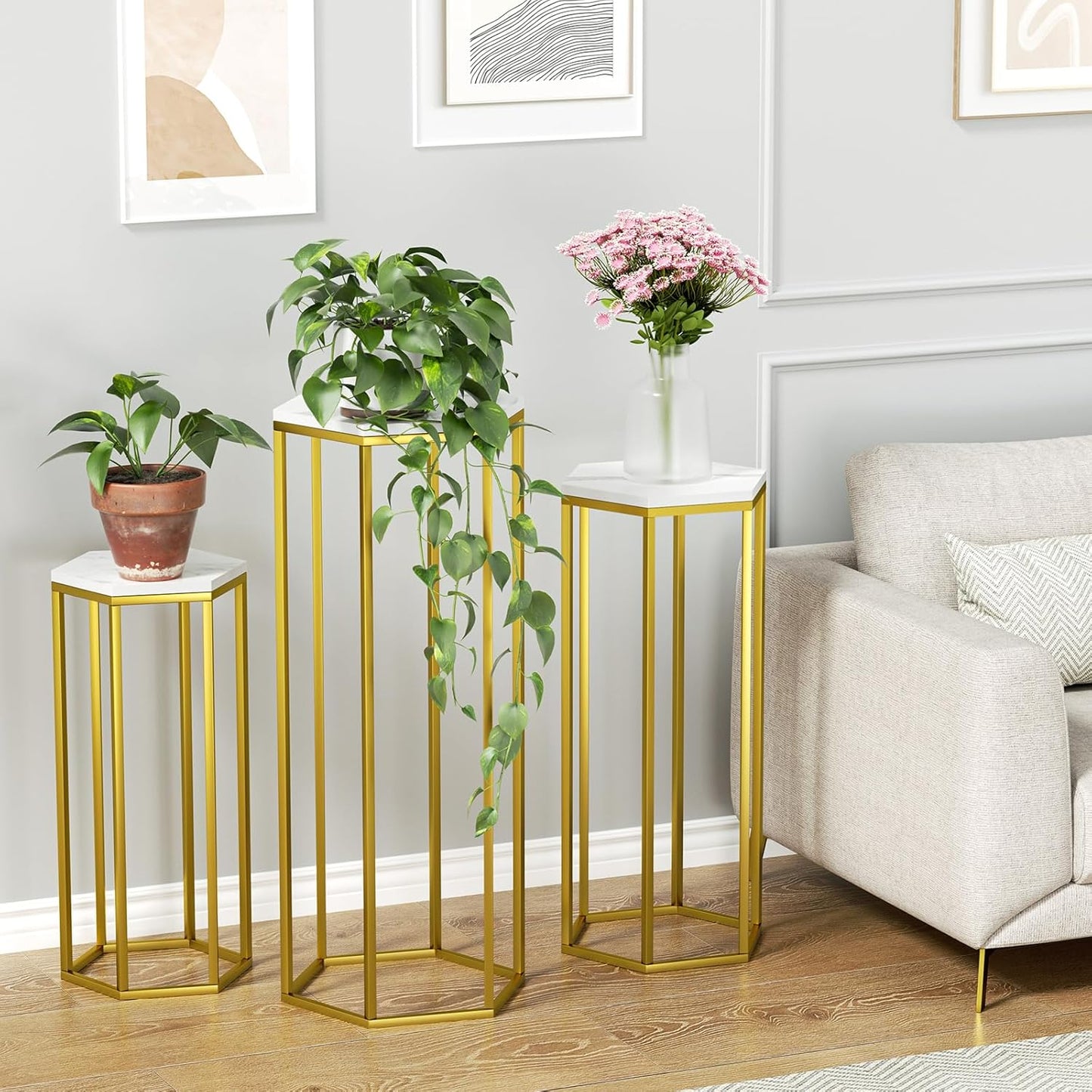 Urban Deco Cylinder Stands for Party, Set of 3 Gold Metal Hexagon Cake Pedestal Stand with Marbled Countertop, Flower Plant Pedestal Stands for Display Parties Wedding Birthday Decor, 3PCS, Gold