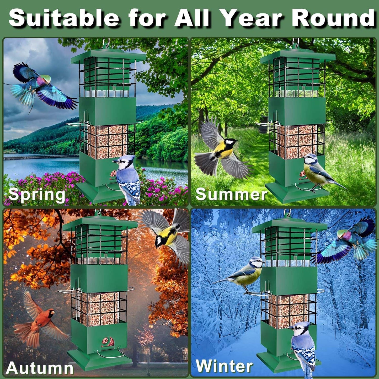 Bird Feeder Squirrel Proof, 3Lbs Metal Heavy Duty Birds Feeder with 4 Feeding Ports for Outdoors Hanging, Birdseed Feeder for Cardinal, Finch, Sparrow, Wild Birds, Outside (Green)