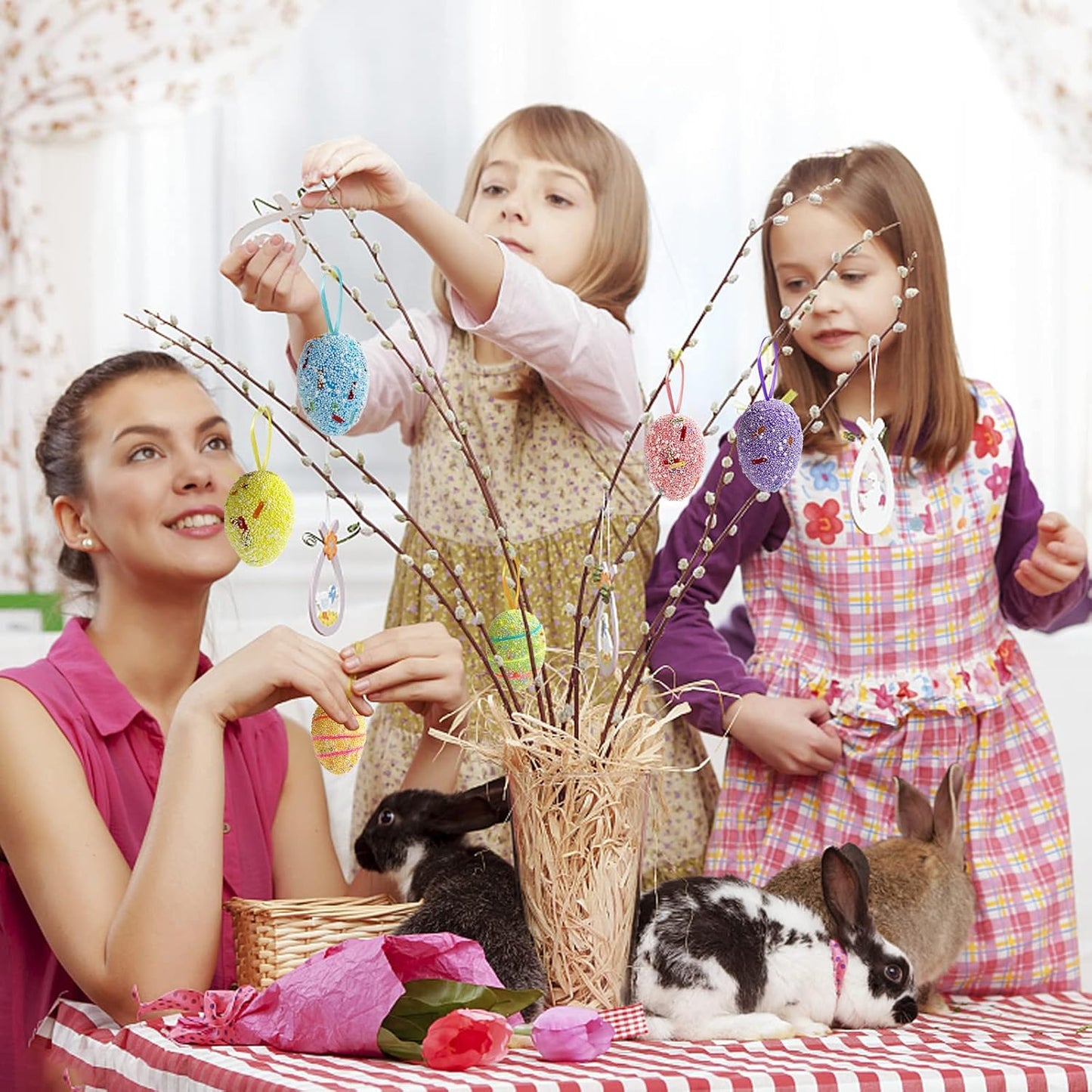 18PCS Easter Egg Ornaments and Carrot Hanging Ornaments Colorful Foam Hanging Egg Ornaments Foam Glitter Artificial Carrots Easter Tree Decorations Home Party DIY Crafts