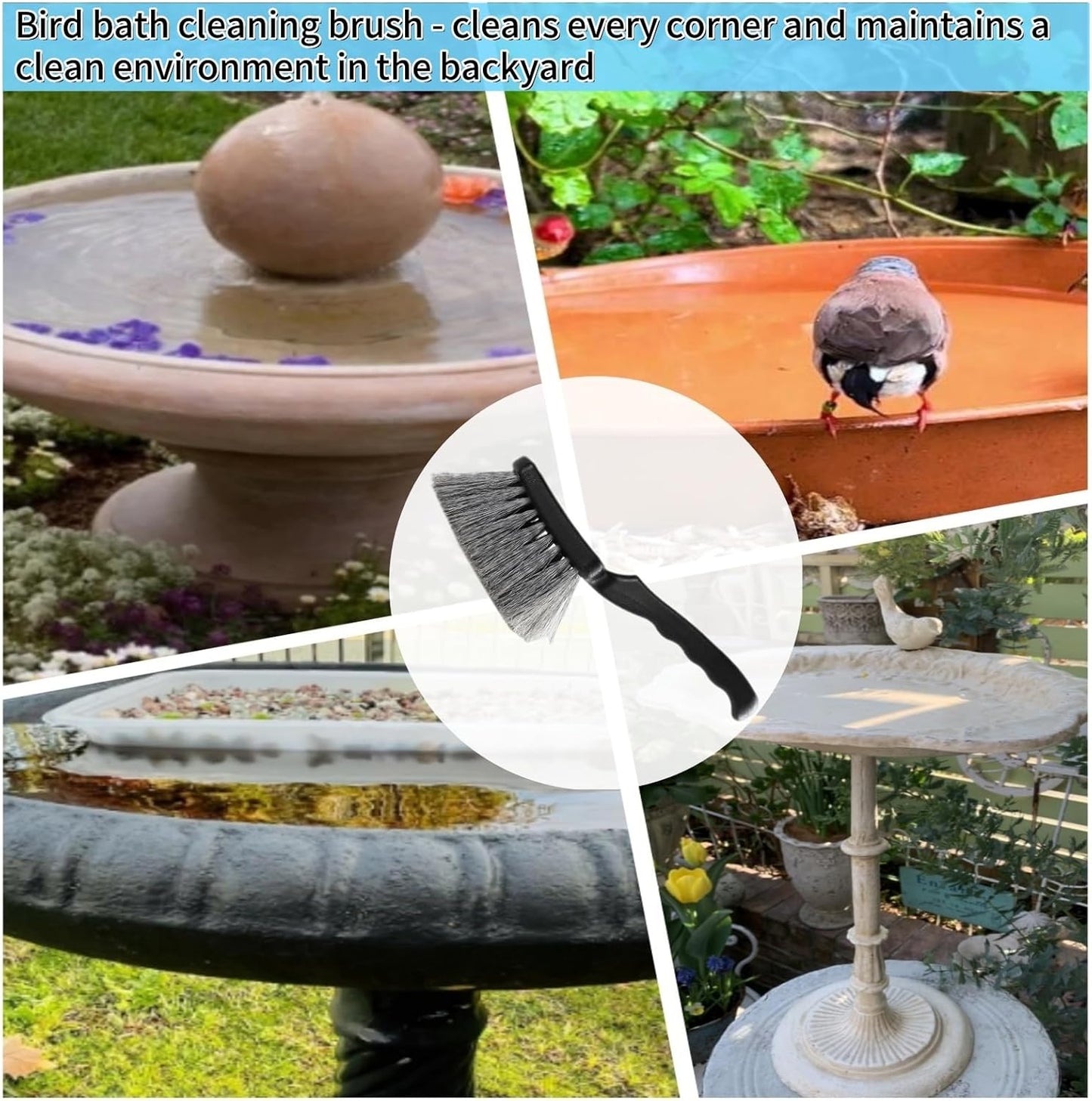 Bird Bath Brushes for Cleaning, Heavy Duty Outdoor Scrub Brush for Bird Feeders & Water Fountains, Concrete Fountain Cleaner Brush with Stiff Bristles, Safe for Birds, 9.44 Inch with Hanging Hole