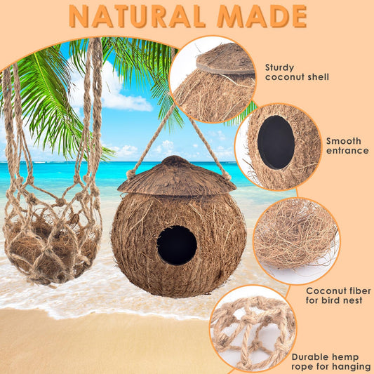 KATUMO Hummingbird Houses, Natural Coconut Bird Houses for Outside Hanging Hummingbird Swinging Nest, with Coconut Fiber Bedding for Nesting Window Garden Outdoor Home, 3Pcs