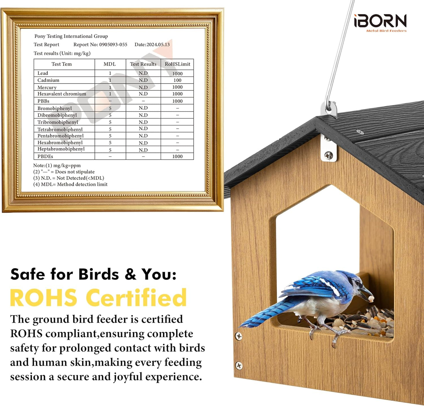 iBorn Pavilion Bird Feeder, Covered Platform Bird Feeder for Outdoors Hanging, WPC Recycled Plastic & Waterproof, Black