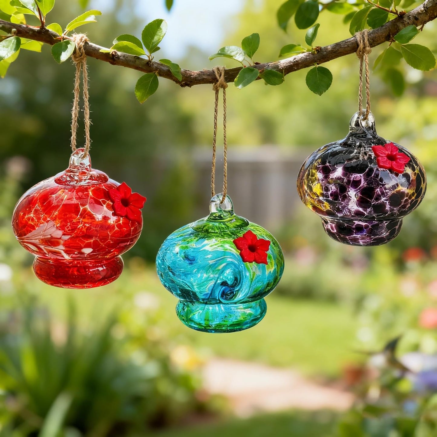 3 Pack Glass Hummingbird Feeders for Outdoors 3in Small Hand Blown Glass Bird Feeder with Flower Feeding Ports for Backyard Garden Decorations