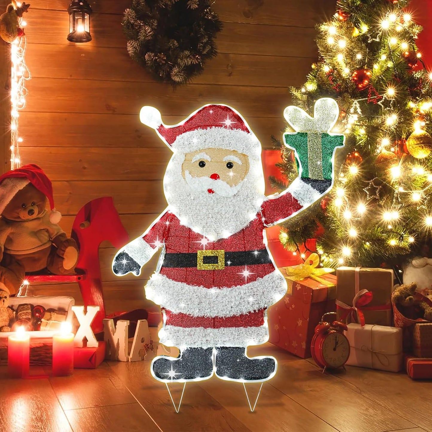 Lighted Santa Claus Christmas Decorations, Pre Lit White Neon Light Sa