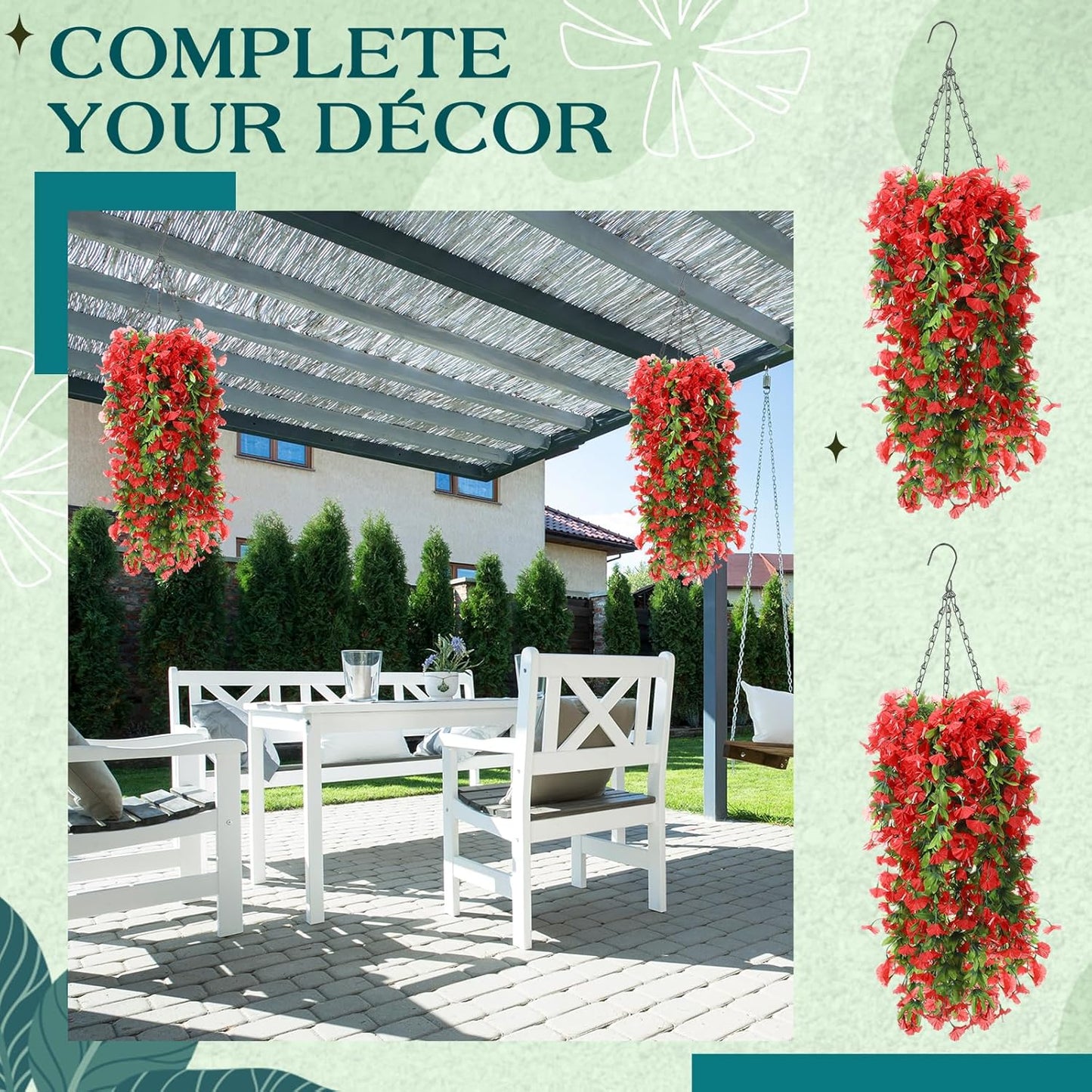 Hotop 2 Set Artificial Flowers with Hanging Basket Includes 6 Pcs Morning Glory Vines Faux Outdoor Hanging Plants Waterproof UV Resistant Fake Flowers for Patio Spring Summer Decor(Red)