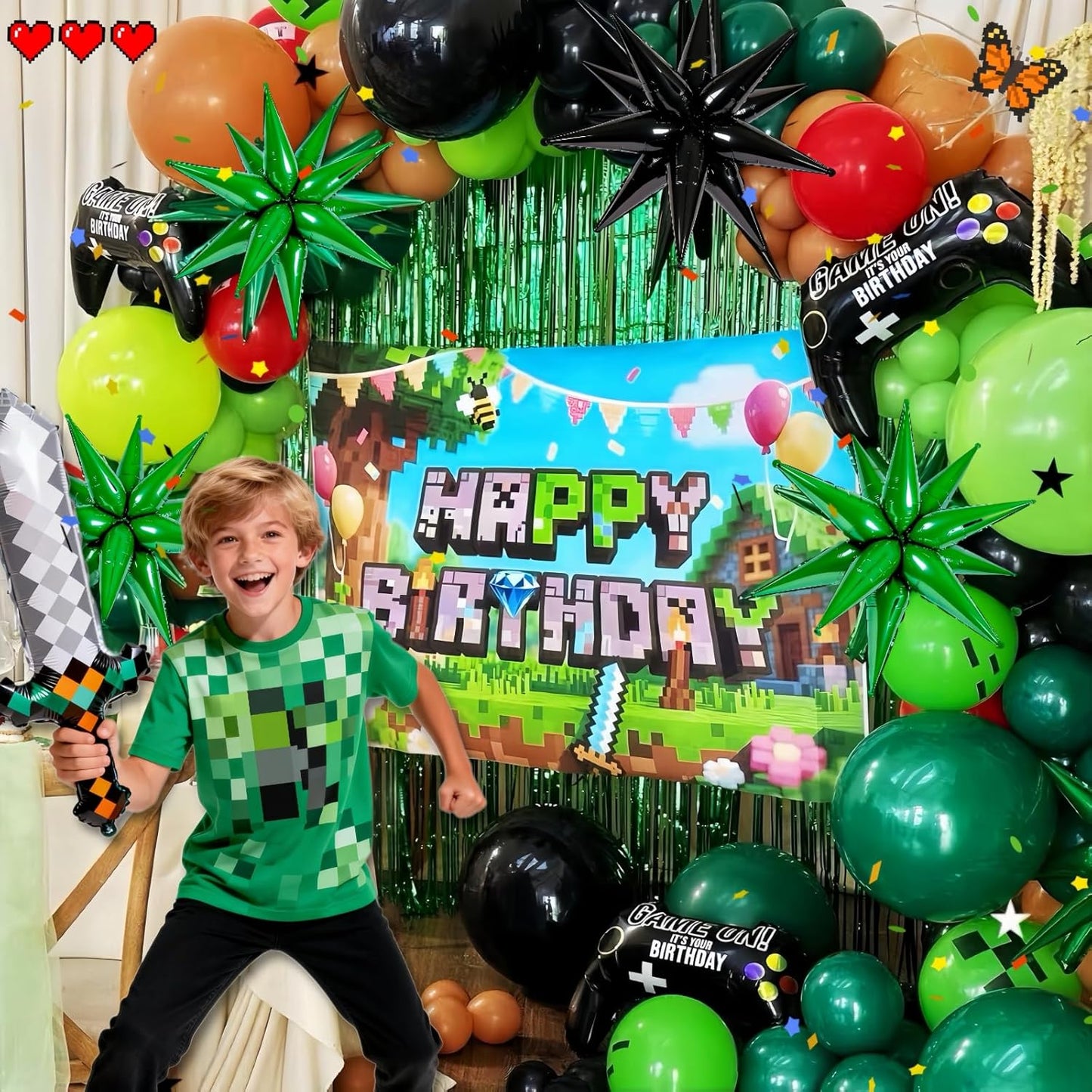 Pixel Gamer Birthday Decorations for Boys– All in One Party Decor Kit with Authentic Biome Colors (Cocoa Brown, Jungle Green, Black) – Includes TNT & Controller Foil Balloons, Backdrop, and Tablecloth