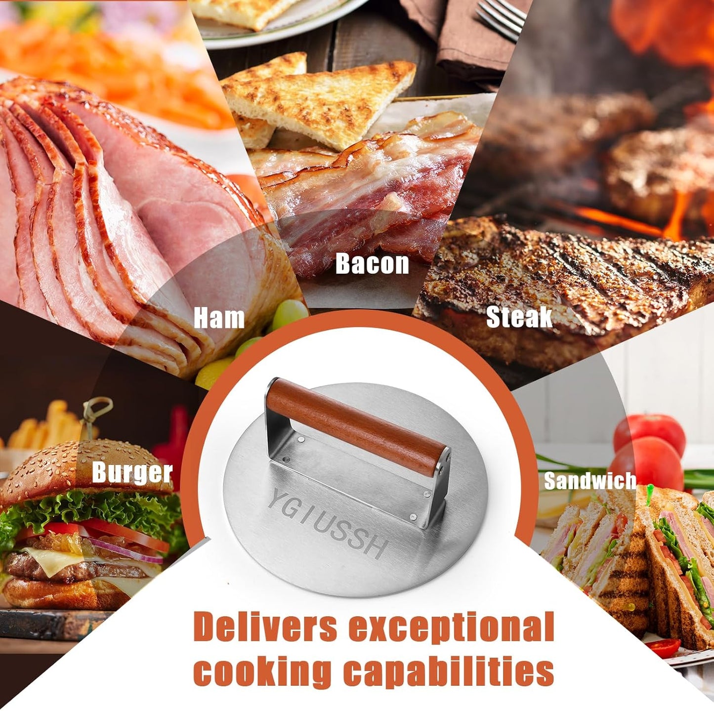 8.7 Inch Heavy-Duty Grill Press with Beech Wood Handle Stainless Steel Bacon Press Round Non-Stick Hamburger Press Weight Burger Smasher for Perfectly Seared Bacon Steak & Sandwiches