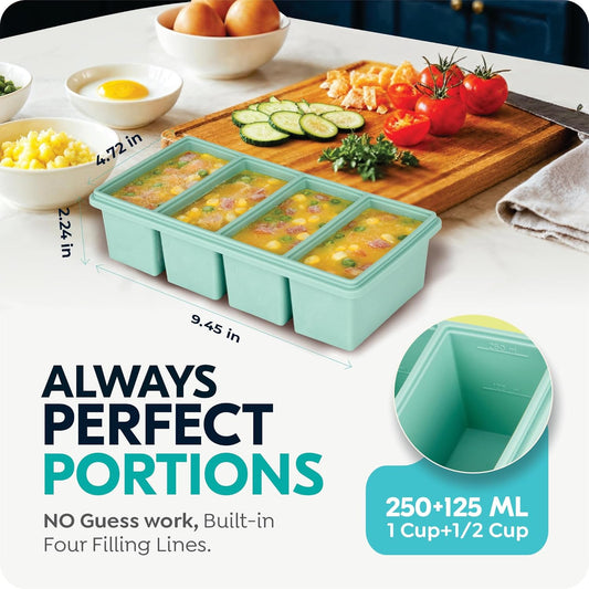 Silicone Freezer Trays with Lids, 1-Cup Soup Container Style Ice Cube Trays for Freezer - Leakproof, Dishwasher,Oven Safe, Stackable, Ideal for Frozen Broth, Leftovers & Meal Prep, BPA Free 2 Pack