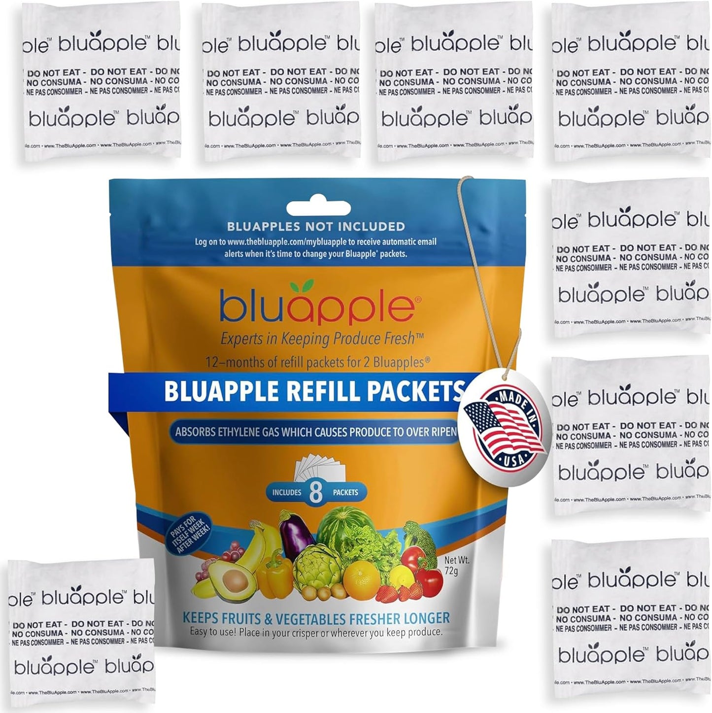 Bluapple Produce Saver Ethylene Gas Absorber - Fresh Fruit & Vegetable Storage, Food Savers for Refrigerator, 8 Packets (9g each), Each Packet Lasts 3 Months, Kitchen Must Haves, USA Made - Refill Kit