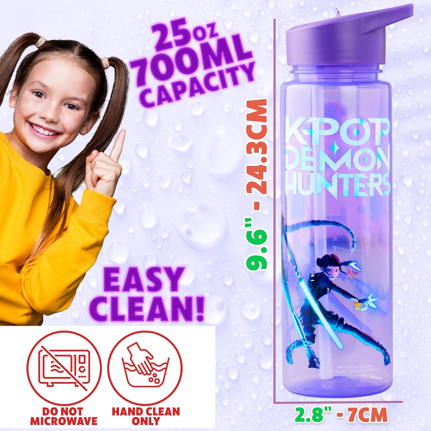 KPop Demon Hunters Officially Licensed Huntrix Water Bottle for Girls, 25oz Leak Proof with Straw Lid, Gifts for Girls