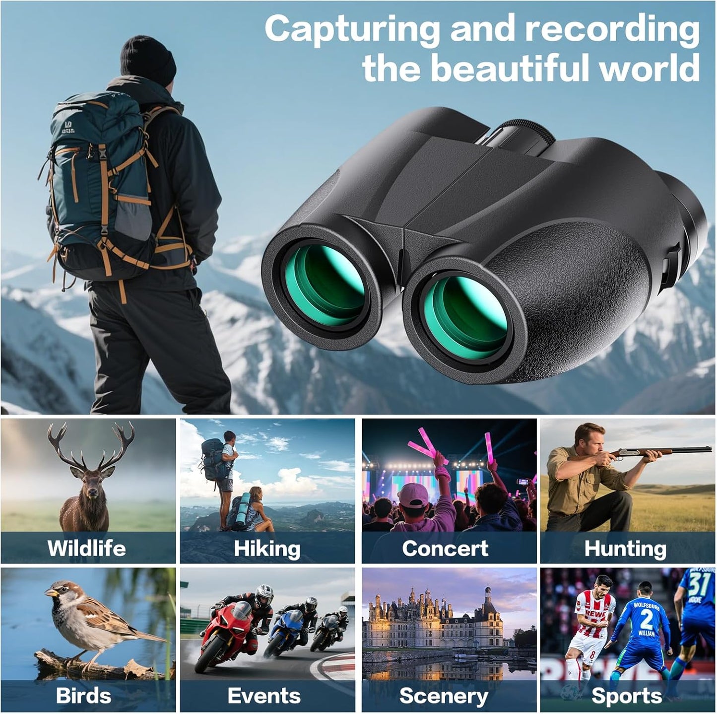 Binoculars for Adults and Kids, 20x25 Compact High Power Binoculars with Low Light Vision for Bird Watching, Large Eyepiece Waterproof Outdoor Hunting, Travel, Sightseeing