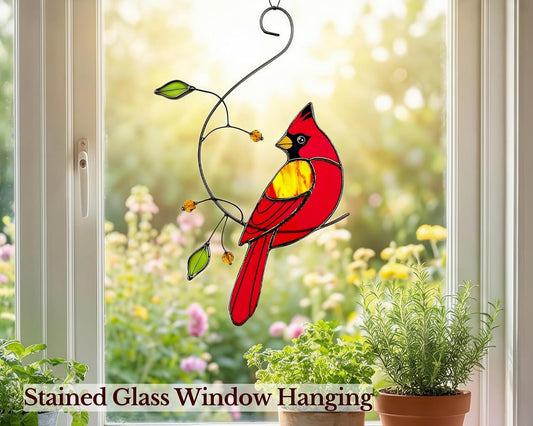 Cardinal Stained Glass Sun Catcher Window Hanging - Handmade Memorial Gifts for Grandma, Women, Mothers Day Ornament (Gifts Ready Packaging) - Red Bird Stain Glass Suncatcher Indoor Decor