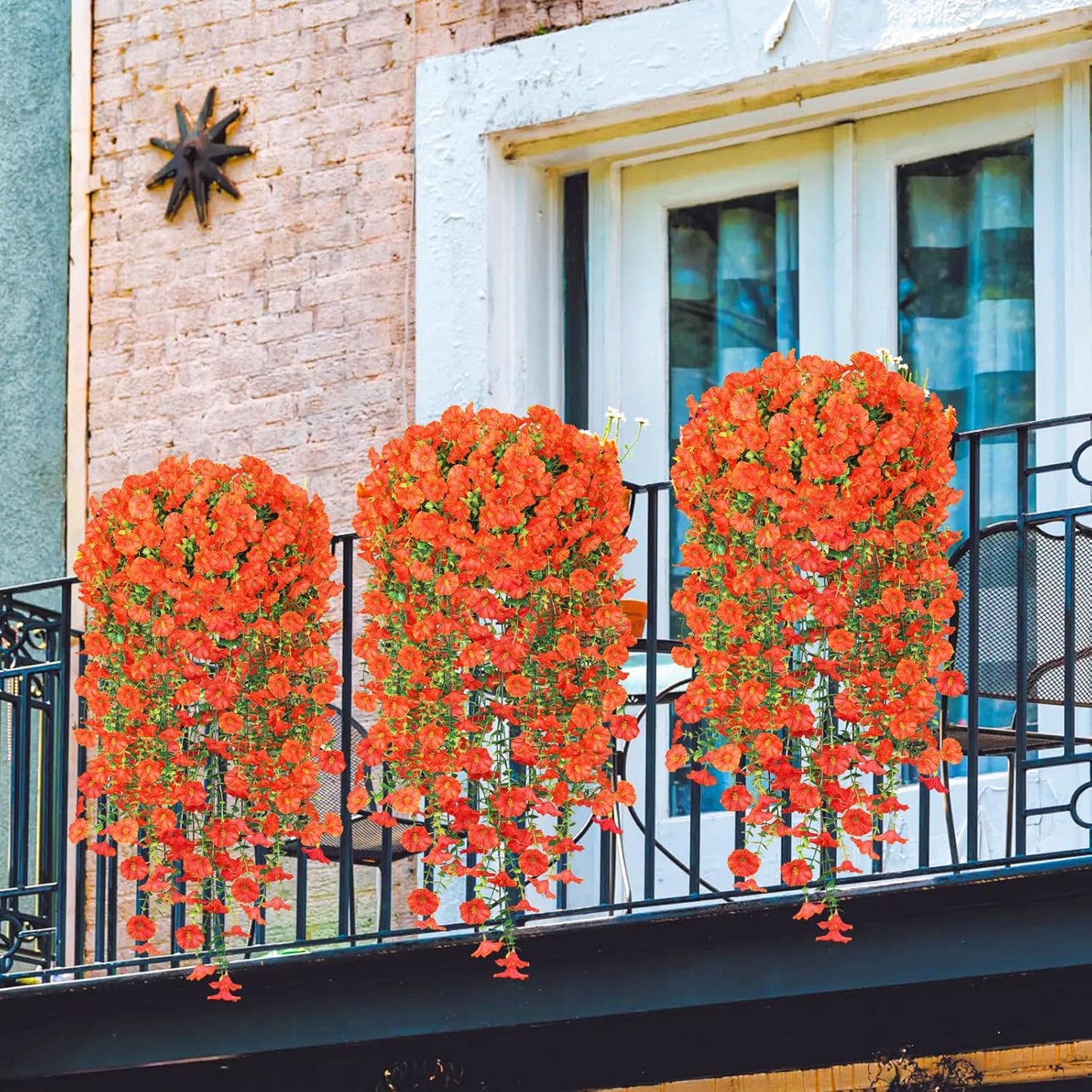 Artificial Fake Fall Hanging Flowers for Outdoors, 2 PCS Faux Silk Orange Morning Glory Trailing Vines UV Resistant No Fade Hanging Plants for Autumn Home Balcony Yard Box Pot Planter Decor