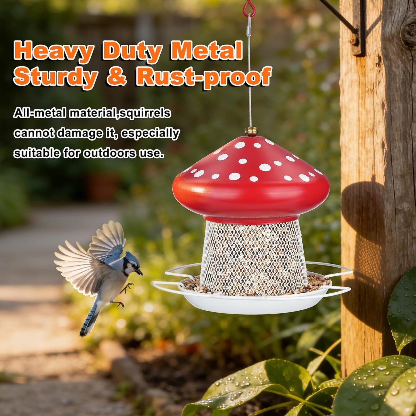 Bird Feeder, Heavy Duty Metal Bird Feeders for Outdoor Hanging, Cute Mushroom Shape 3.5 LB Large Capacity Wild Birdfeeder for Outside Garden Yard (Red)